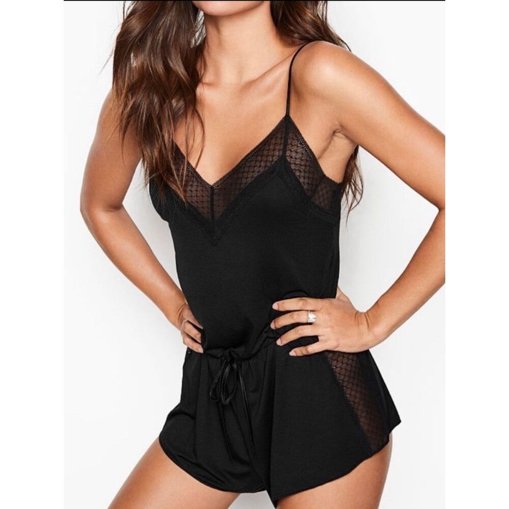 Victoria's Secret Black Lace-Trim Sleep Romper with Drawstring Waist XS